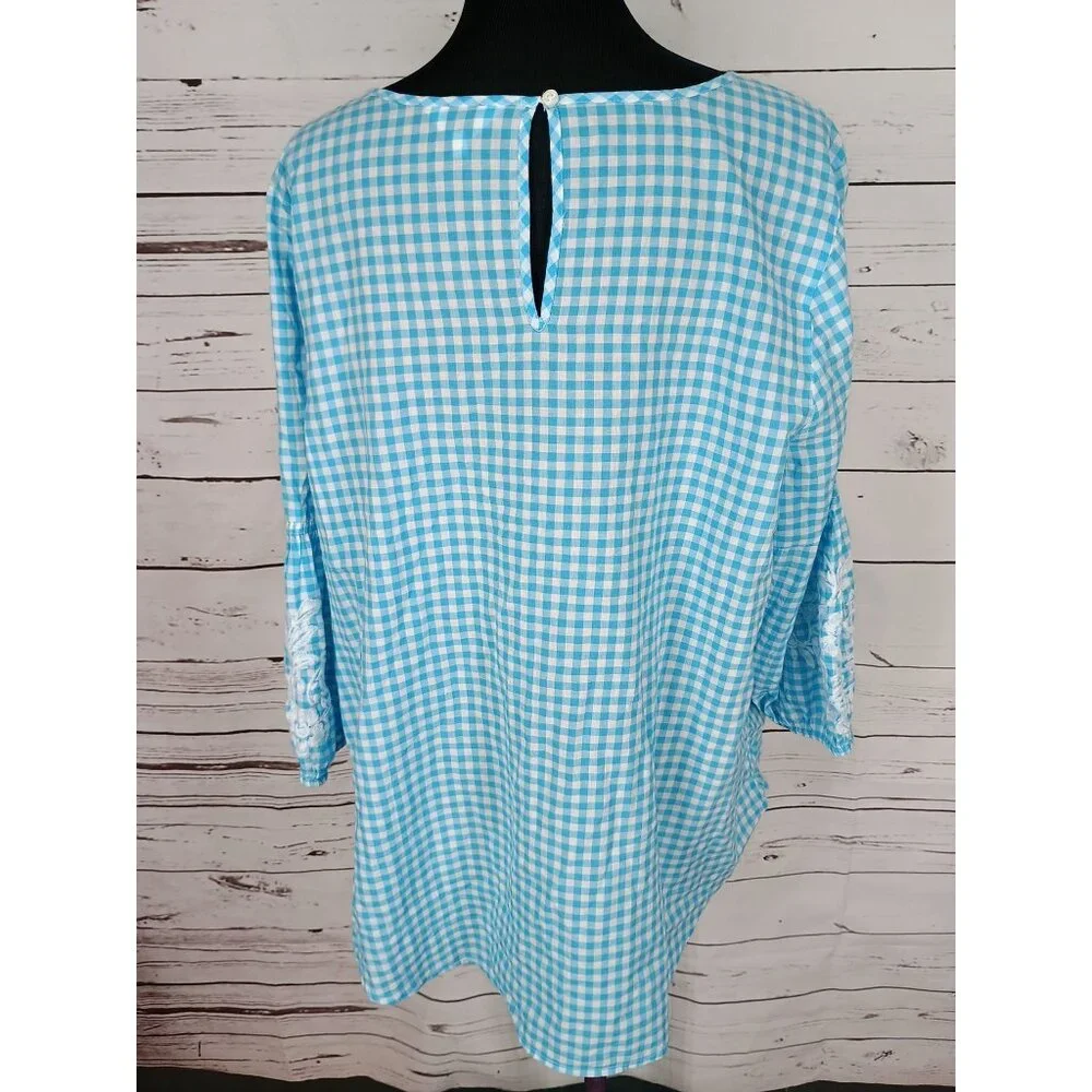Crown & Ivy 2x Blue White Gingham Floral Tunic Top Blouse Embroidered‎ Detail